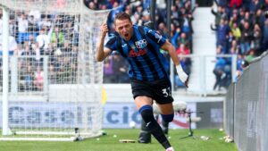 Atalanta's Mateo Retegui celebrates scoring a goal in a Serie A match against Bologna, in Bergamo, Italy, April 13, 2025. (EPA Photo)
