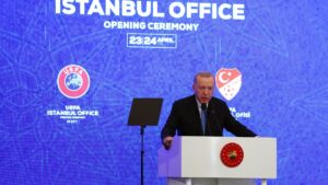 President Recep Tayyip Erdoğan speaks during the opening ceremony of UEFA's Representation Office, Istanbul, Türkiye, April 24, 2025. (Reuters Photo) 