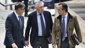 Real Madrid's head coach Carlo Ancelotti (C) arrives to stand trial over alleged tax fraud, Madrid, Spain, April 2, 2025. (AA Photo)