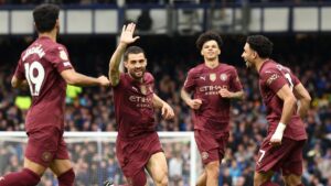 Manchester City's Mateo Kovacic celebrates scoring the 0-2 goal during the English Premier League match between Everton and Manchester City, Liverpool, U.K., April 19, 2025. (EPA Photo)