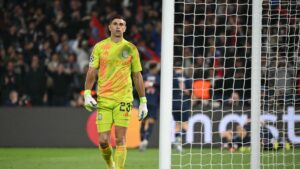 Aston Villa's Emiliano Martinez reacts during the UEFA Champions League quarterfinal first leg football match against Paris Saint-Germain at the Parc des Princes stadium, Paris, France, April 9, 2025. (AFP Photo)
