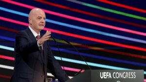 President of FIFA Gianni Infantino addresses the audience during the 49th UEFA ordinary Congress held at the &quot;Sava Centar” congress center, Belgrade, Serbia, April 3, 2025. (AFP Photo)