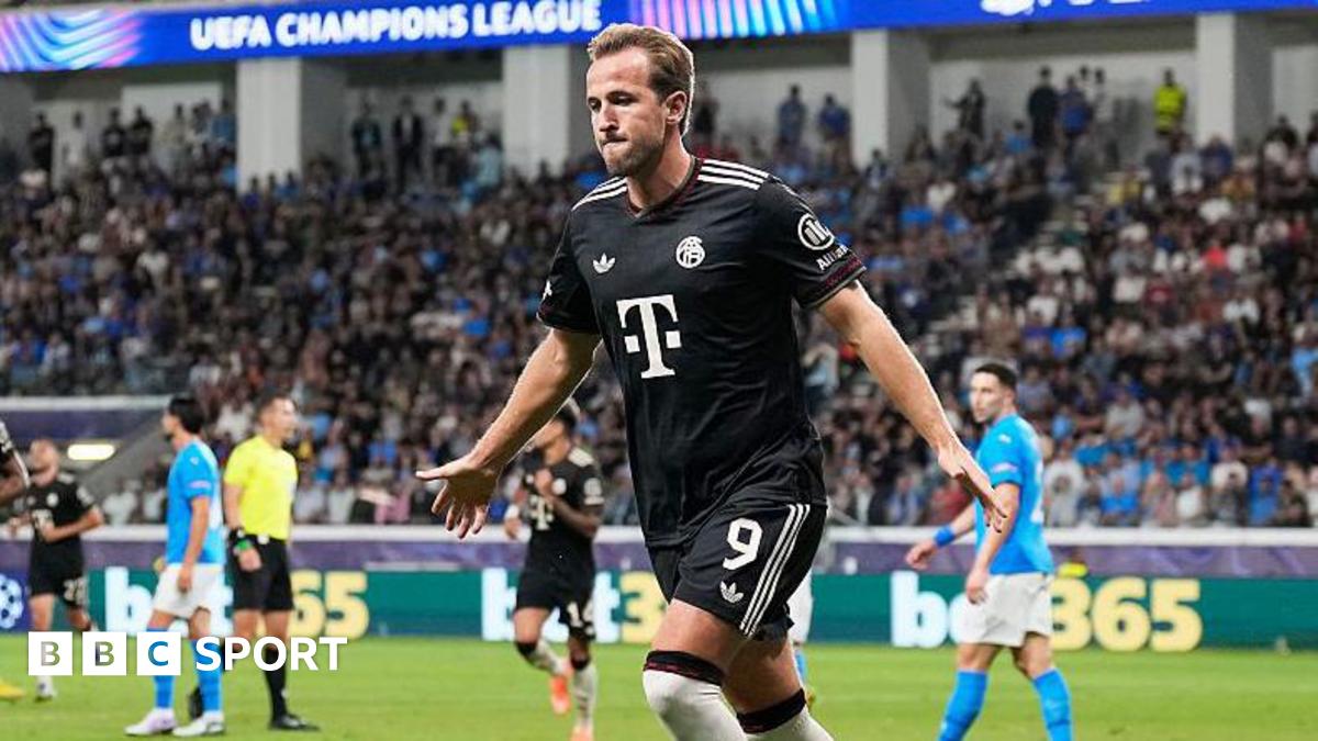 Harry Kane celebrates after scoring for Bayern Munich
