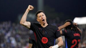 Barcelona's Robert Lewandowski celebrates after Leganes' Jorge Saenz scored an own goal during the La Liga match at Estadio Municipal de Butarque, Leganes, Spain, April 12, 2025. (Reuters Photo)
