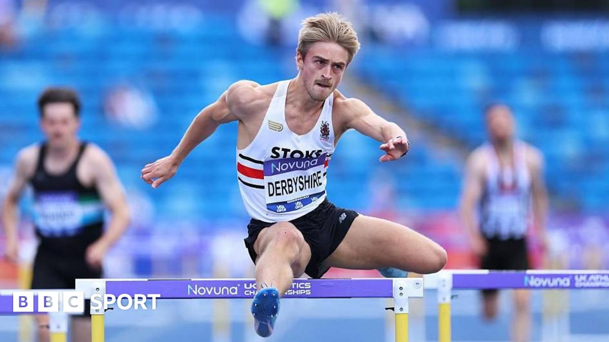 Tyri Donovan (left), Seamus Derbyshire (centre), and Alastair Chalmers (right) racing in the 400m hurdles at the 2025 British Athletics Championships