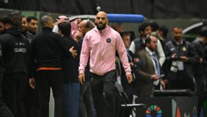Inter Miami's Lionel Messi's bodyguard Yassine Cheuko walks on the field before the second half against Al-Nassr, Riyadh, Saudi Arabia, Feb. 1, 2024. (Reuters Photo)