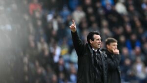 Aston Villa's Spanish head coach Unai Emery gestures during the English FA Cup quarterfinal against Preston North End, in Preston, U.K., March 30, 2025. (AFP Photo)