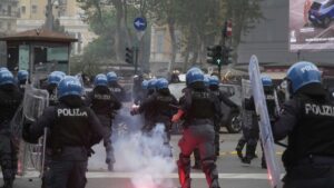 Lazio fans riot with police ahead of the Italian Serie A match between Lazio and Roma, Rome, Italy, April 13, 2025. (AP Photo)