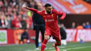 Liverpool's Mohamed Salah controls the ball during the English League Cup final football match against Newcastle United at Wembley Stadium, London, U.S., March 16, 2025. (AFP Photo)