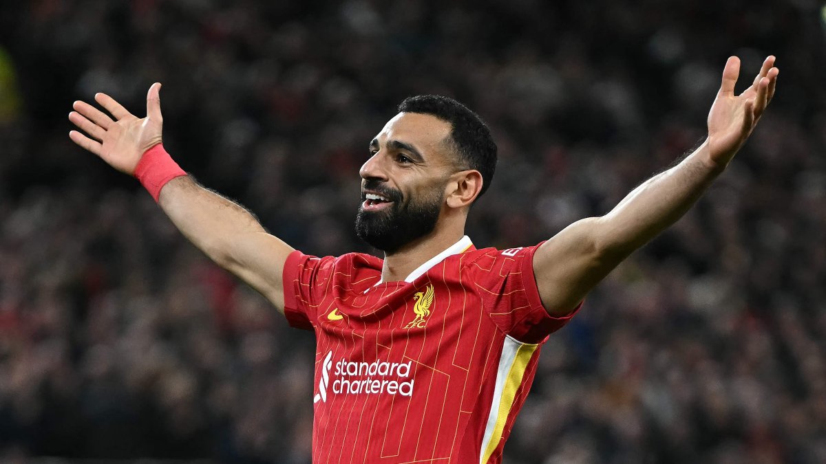 Liverpool's Mohamed Salah celebrates scoring the team's second goal during the UEFA Champions League league stage football match between Liverpool and Bologna at Anfield, Liverpool, U.K., Oct. 2, 2024. (AFP Photo)