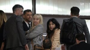 Giannina Maradona (R) and Claudia Villafane, daughter and former wife of Argentine football legend Diego Maradona, respectively, arrive at the court for a trial hearing on her father's death in San Isidro, Buenos Aires, April 15, 2025. (AFP Photo)
