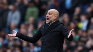 Manchester City manager Pep Guardiola reacts during the Premier League match against Brighton &amp; Hove Albion at Etihad Stadium, Manchester, U.K., March 15, 2025. (Reuters Photo)