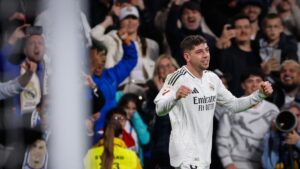Real Madrid's Federico Valverde celebrates after scoring their first goal during the La Liga match against Athletic Club Bilbao at the Bernabeu Stadium, Madrid, Spain, April 20, 2025. (AFP Photo)