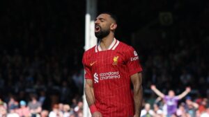 Liverpool's Mohamed Salah reacts during the Premier League match against Fulham at Craven Cottage, London, U.K., April 6, 2025. (Reuters Photo)