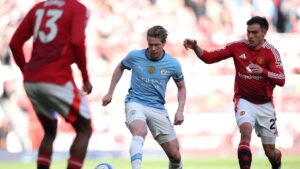 Manchester City's Kevin De Bruyne in action during the English Premier League match against Manchester United, Manchester, U.K., April 6, 2025. (EPA Photo)