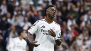 Real Madrid's Vinicius Junior reacts after missing a penalty kick during the La Liga match against Valencia at the Santiago Bernabeu, Madrid, Spain, April 5, 2025. (Reuters Photo)