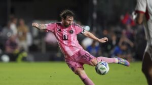 Inter Miami's Lionel Messi scores his side's first goal during stoppage time in the first half of an MLS match against Toronto FC, Fort Lauderdale, U.S., April 6, 2025. (AP Photo)