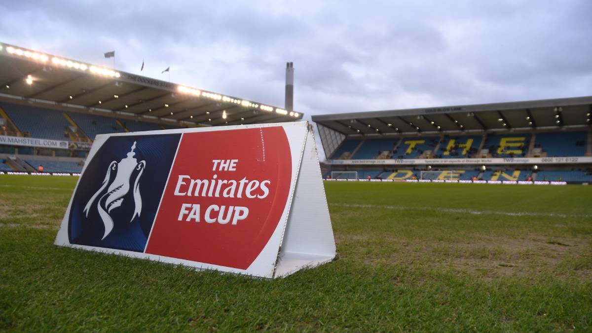 A photo of The Den stadium home of Millwall Football Club with an FA Cup sign visible
