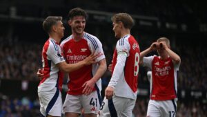 Arsenal's Leandro Trossard (L) celebrates scoring their third goal with teammates during the English Premier League match against Ipswich Town, Ipswich, U.K., April 20, 2025. (EPA Photo)
