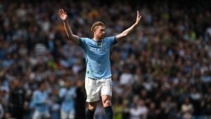 Manchester City's Kevin De Bruyne reacts as he is substituted during the English Premier League football match between Manchester City and Crystal Palace at the Etihad Stadium, Manchester, U.K., April 12, 2025. (AFP Photo)