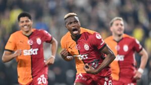 Galatasaray's Victor Osimhen (C) celebrates after scoring during the Turkish Cup quarterfinal match against Fenerbahçe at the Ülker Stadium, Istanbul, Türkiye, April 2, 2025. (AA Photo)
