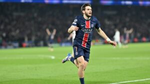 Paris Saint-Germain's Khvicha Kvaratskhelia celebrates after scoring a goal during the UEFA Champions League quarterfinals 1st leg match against Aston Villa, Paris, France, April 9, 2025. (AA Photo)