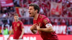 Bayern Munich's Thomas Muller reacts during the Bundesliga match against VfL Bochum at the Allianz Arena, Munich, Germany, March 8, 2025. (Reuters Photo)